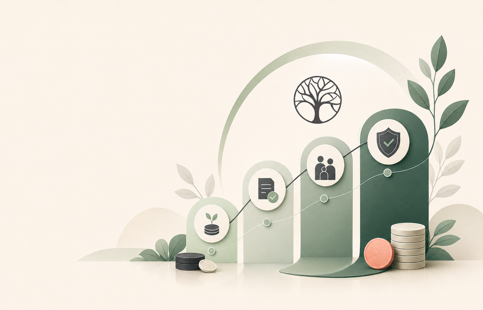 Parcours patrimonial en quatre étapes : épargne, analyse, accompagnement et protection